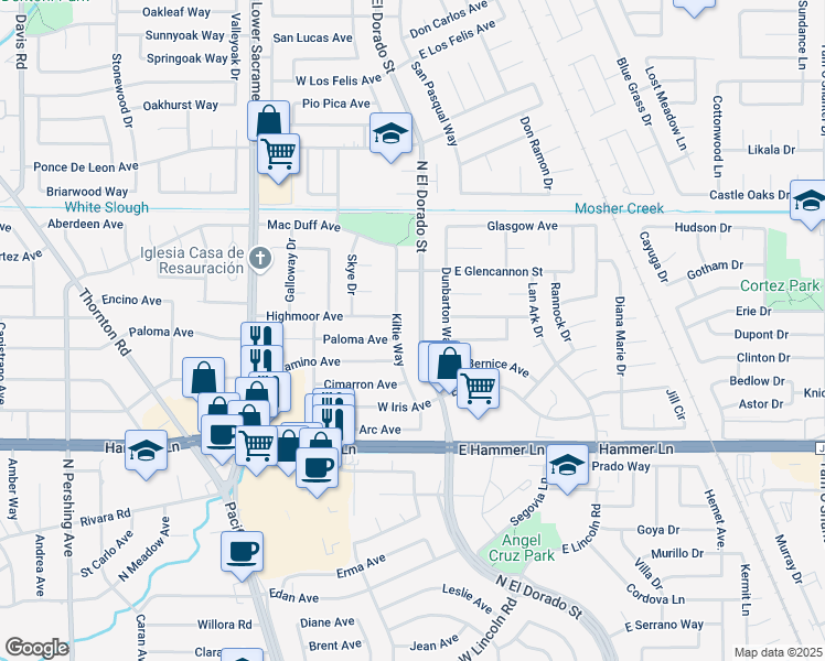 map of restaurants, bars, coffee shops, grocery stores, and more near 8302 Kiltie Way in Stockton