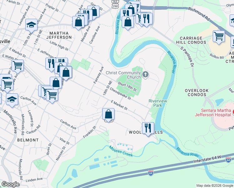 map of restaurants, bars, coffee shops, grocery stores, and more near 1509 Chesapeake Street in Charlottesville