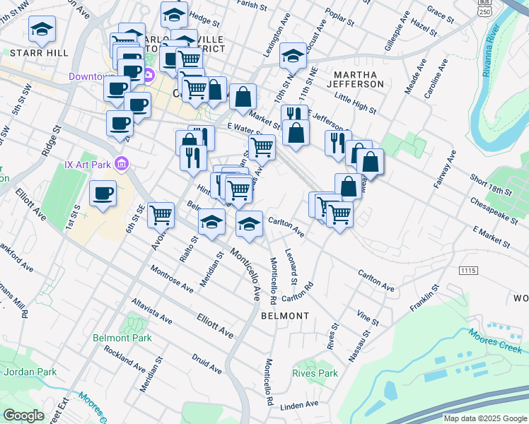 map of restaurants, bars, coffee shops, grocery stores, and more near 222 Douglas Avenue in Charlottesville