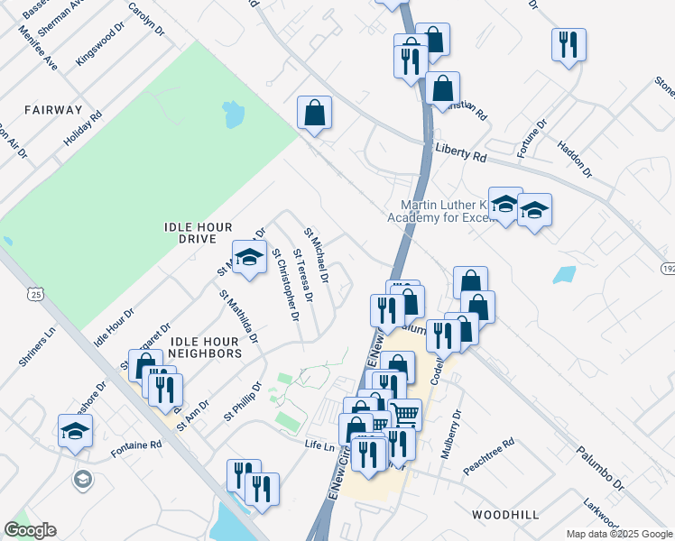 map of restaurants, bars, coffee shops, grocery stores, and more near 2057 Saint Michael Drive in Lexington