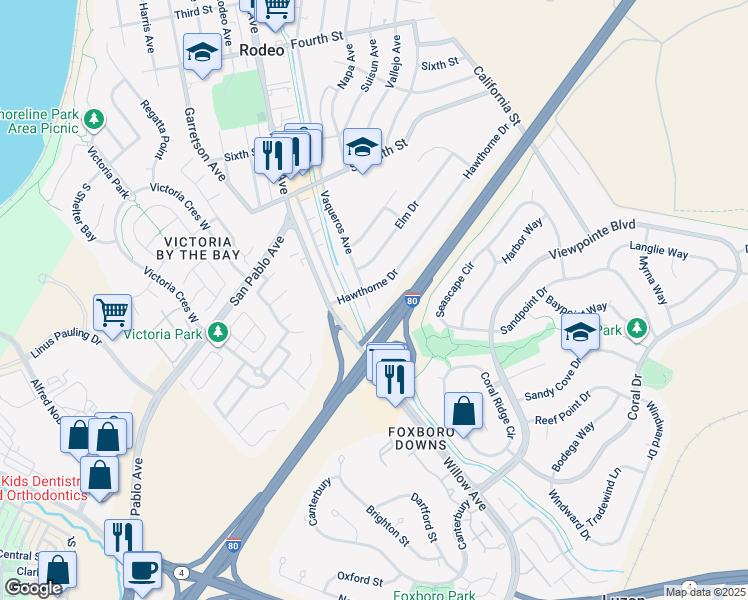 map of restaurants, bars, coffee shops, grocery stores, and more near 847 Vaqueros Avenue in Rodeo
