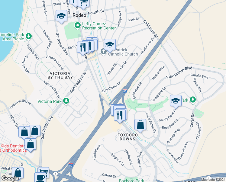 map of restaurants, bars, coffee shops, grocery stores, and more near 847 Vaqueros Avenue in Rodeo