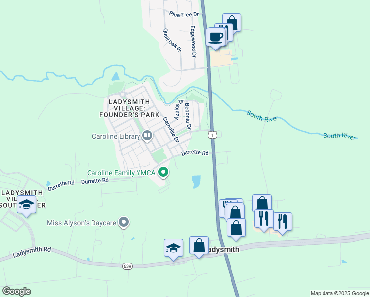 map of restaurants, bars, coffee shops, grocery stores, and more near 17315 Camellia Drive in Ruther Glen