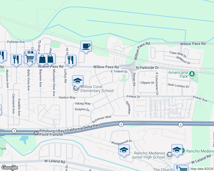 map of restaurants, bars, coffee shops, grocery stores, and more near 26 Nautilus Place in Pittsburg