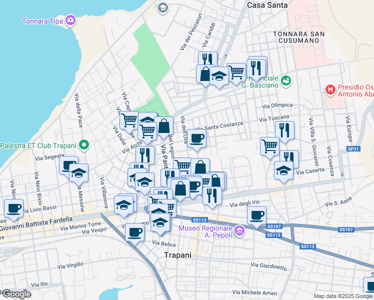 map of restaurants, bars, coffee shops, grocery stores, and more near 64 Via del Cipresso in Trapani