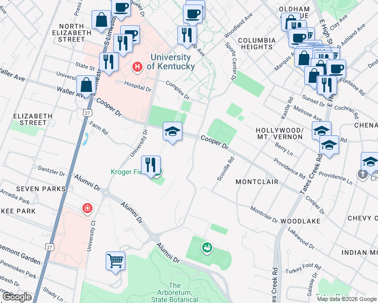 map of restaurants, bars, coffee shops, grocery stores, and more near in Lexington