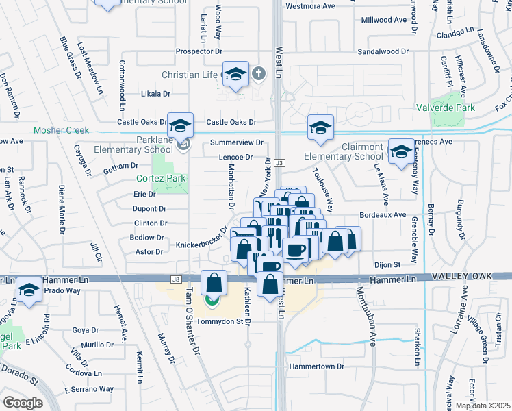 map of restaurants, bars, coffee shops, grocery stores, and more near 8219 New York Drive in Stockton