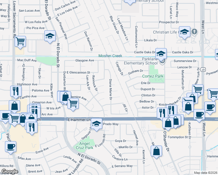 map of restaurants, bars, coffee shops, grocery stores, and more near 343 Taransay Court in Stockton