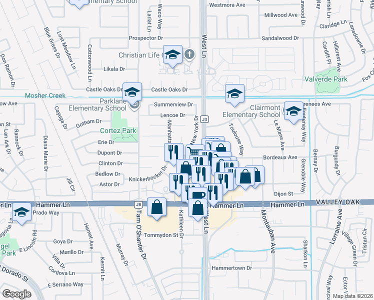 map of restaurants, bars, coffee shops, grocery stores, and more near 8219 New York Drive in Stockton