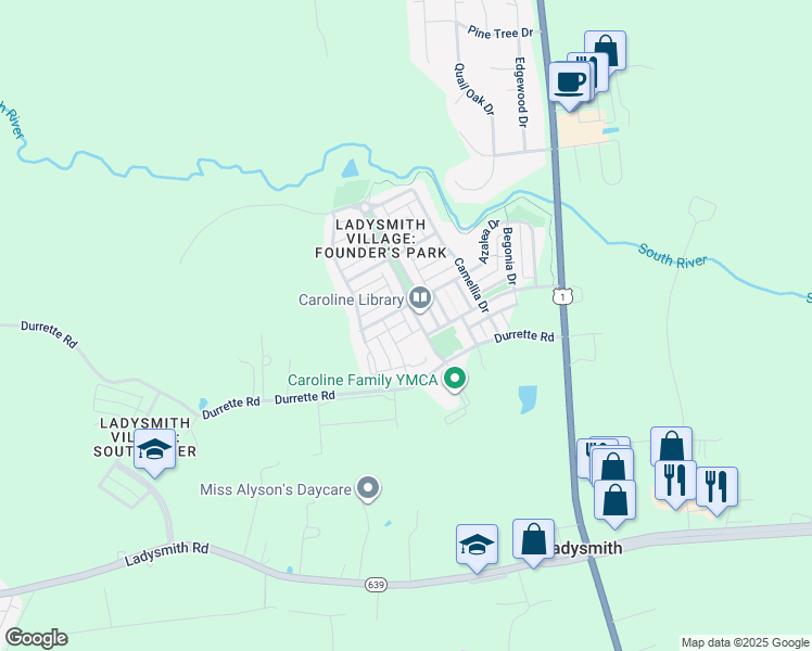 map of restaurants, bars, coffee shops, grocery stores, and more near 7153 Residents Square Mews in Ruther Glen