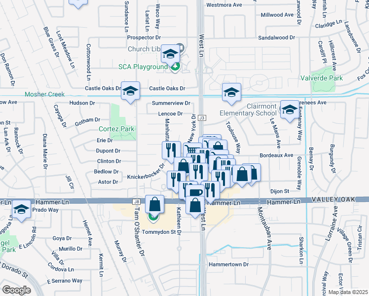 map of restaurants, bars, coffee shops, grocery stores, and more near 8219 New York Drive in Stockton