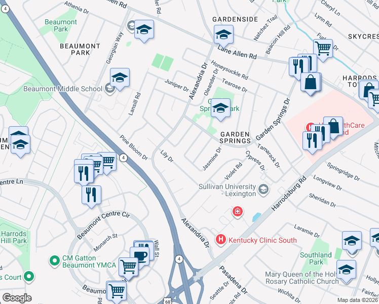 map of restaurants, bars, coffee shops, grocery stores, and more near 2221 Jasmine Drive in Lexington