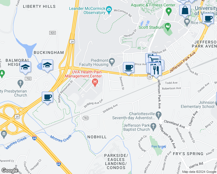 map of restaurants, bars, coffee shops, grocery stores, and more near 123 Westerly Avenue in Charlottesville