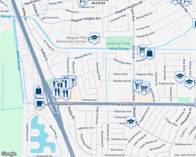 map of restaurants, bars, coffee shops, grocery stores, and more near 8315 Saratoga Way in Stockton