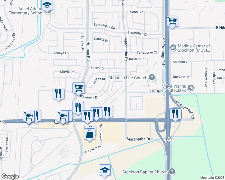 map of restaurants, bars, coffee shops, grocery stores, and more near 8016 Shay Circle in Stockton