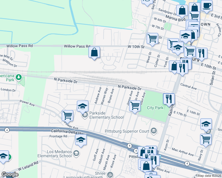 map of restaurants, bars, coffee shops, grocery stores, and more near 14 Bruno Avenue in Pittsburg