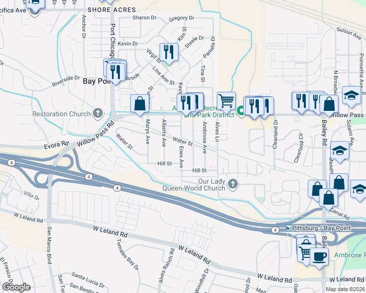map of restaurants, bars, coffee shops, grocery stores, and more near 115 Enes Avenue in Bay Point