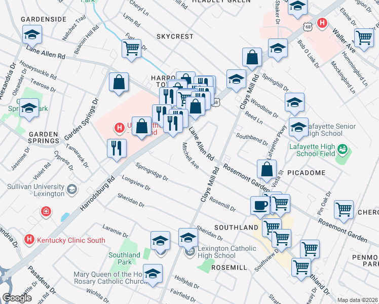 map of restaurants, bars, coffee shops, grocery stores, and more near 618 Lane Allen Road in Lexington