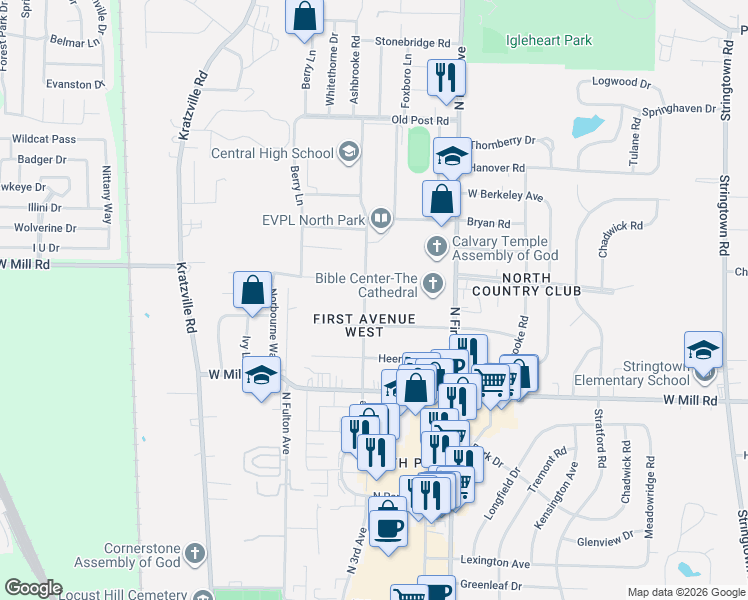 map of restaurants, bars, coffee shops, grocery stores, and more near 4929 North Fourth Avenue in Evansville