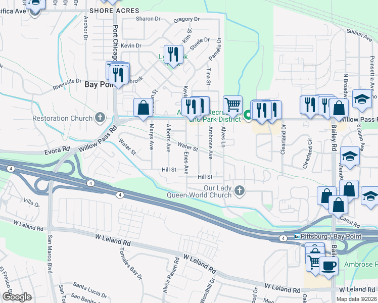 map of restaurants, bars, coffee shops, grocery stores, and more near 115 Enes Avenue in Bay Point