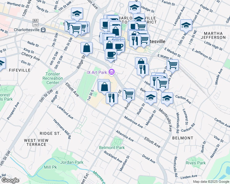 map of restaurants, bars, coffee shops, grocery stores, and more near 725 6th St SE in Charlottesville
