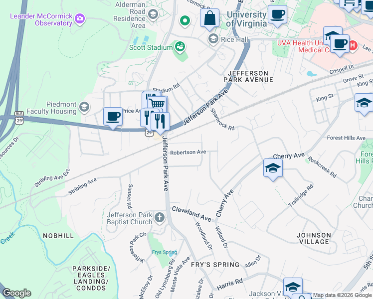 map of restaurants, bars, coffee shops, grocery stores, and more near 202 Todd Avenue in Charlottesville