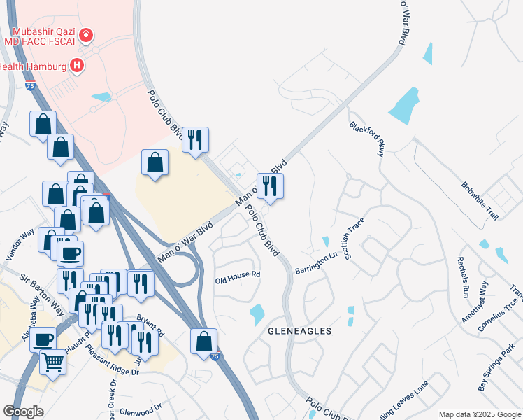 map of restaurants, bars, coffee shops, grocery stores, and more near Polo Club Lane in Lexington