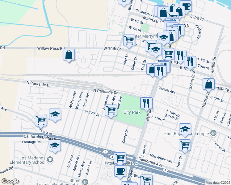 map of restaurants, bars, coffee shops, grocery stores, and more near North Parkside Drive & Dimaggio Avenue in Pittsburg