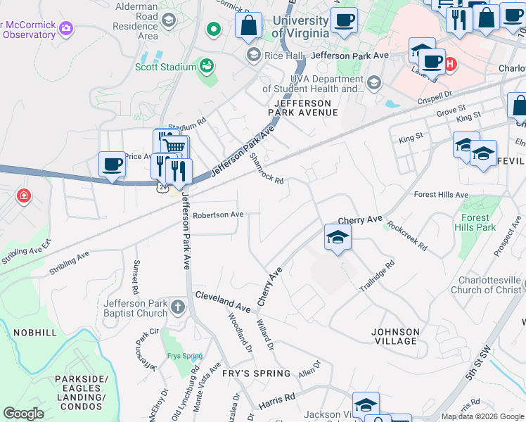 map of restaurants, bars, coffee shops, grocery stores, and more near 2228 Center Avenue in Charlottesville