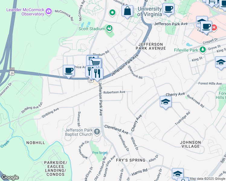 map of restaurants, bars, coffee shops, grocery stores, and more near 202 Todd Avenue in Charlottesville