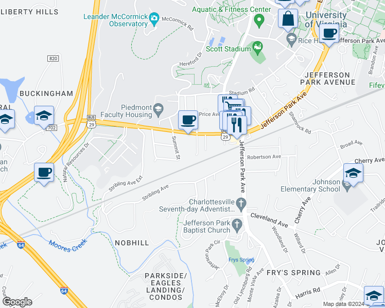 map of restaurants, bars, coffee shops, grocery stores, and more near 109 Piedmont Avenue South in Charlottesville