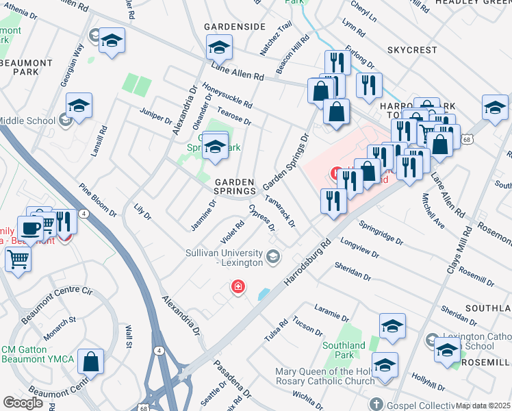 map of restaurants, bars, coffee shops, grocery stores, and more near 2106 Garden Springs Drive in Lexington