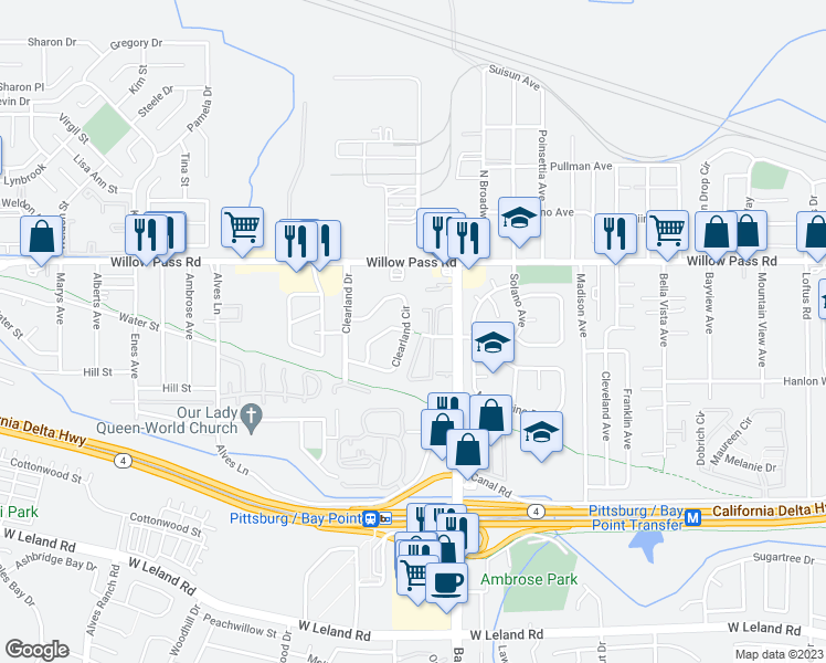 map of restaurants, bars, coffee shops, grocery stores, and more near 2923 Mary Ann Lane in Bay Point