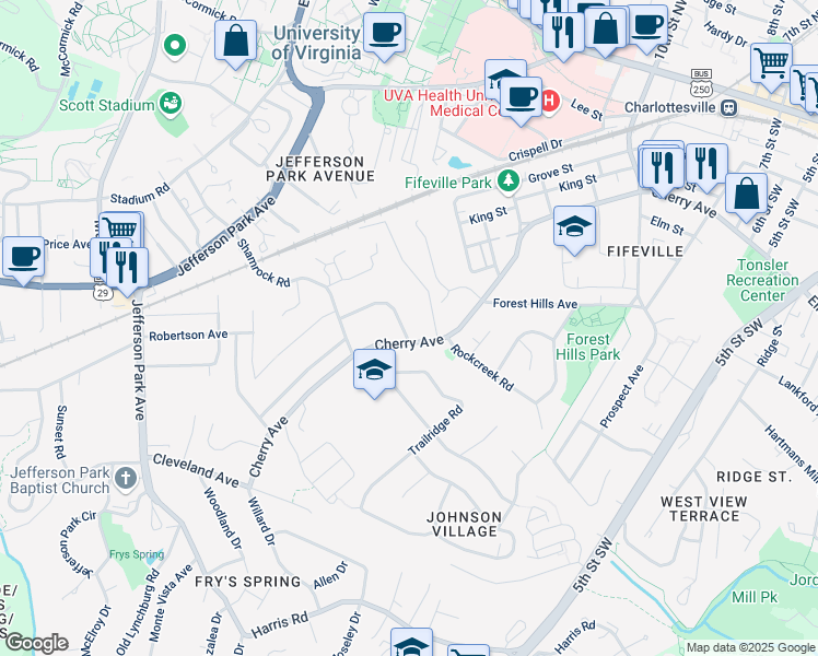 map of restaurants, bars, coffee shops, grocery stores, and more near 1505 Broad Avenue in Charlottesville