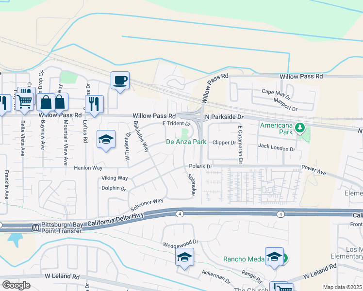 map of restaurants, bars, coffee shops, grocery stores, and more near 244 East Trident Drive in Pittsburg