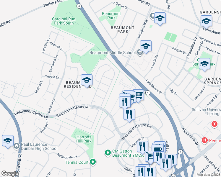 map of restaurants, bars, coffee shops, grocery stores, and more near 1104 Rolfe Lane in Lexington