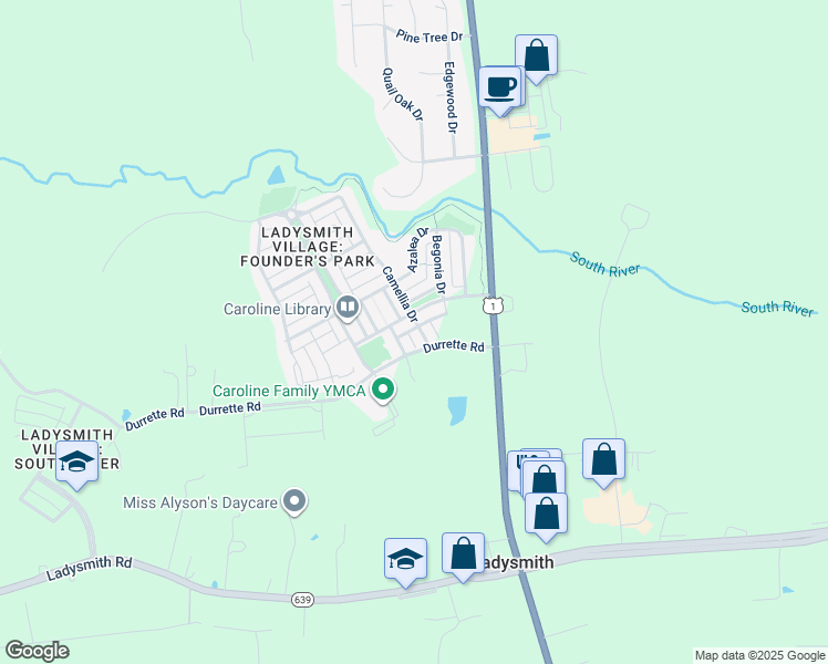 map of restaurants, bars, coffee shops, grocery stores, and more near 17304 Camellia Drive in Ruther Glen