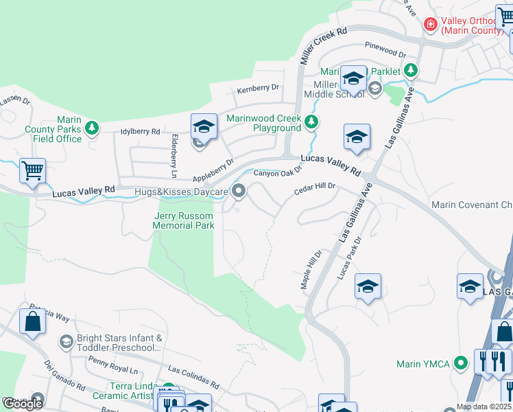 map of restaurants, bars, coffee shops, grocery stores, and more near Coast Oak Way in San Rafael