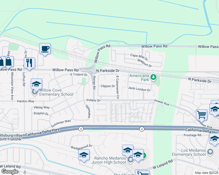map of restaurants, bars, coffee shops, grocery stores, and more near 284 Barquentine Court in Pittsburg