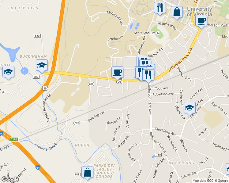 map of restaurants, bars, coffee shops, grocery stores, and more near 2500 Plateau Road in Charlottesville