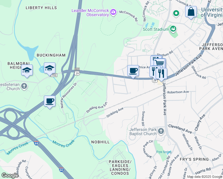 map of restaurants, bars, coffee shops, grocery stores, and more near 2514 Plateau Road in Charlottesville