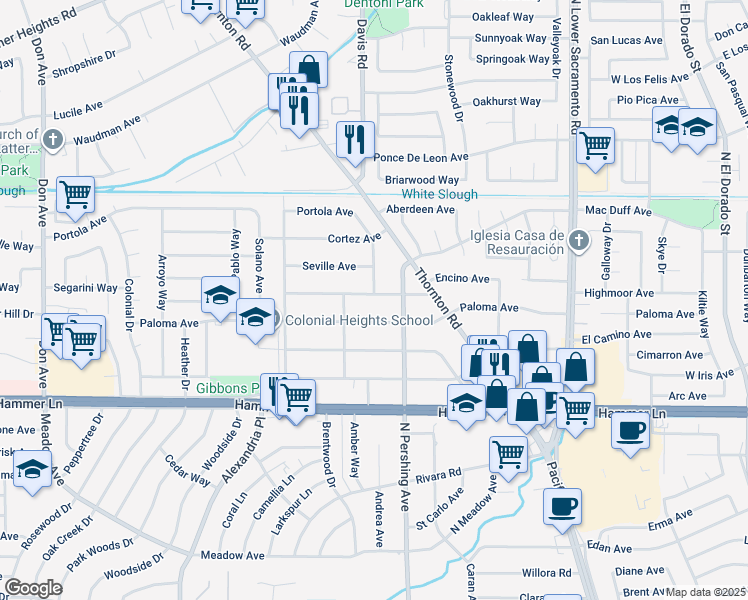 map of restaurants, bars, coffee shops, grocery stores, and more near 1502 Barcelona Avenue in Stockton