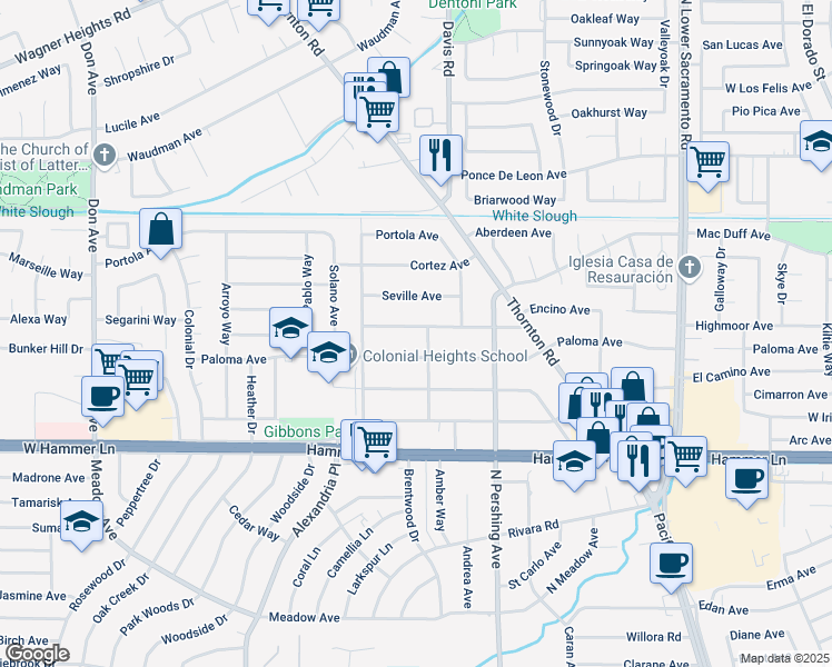 map of restaurants, bars, coffee shops, grocery stores, and more near 1618 Barcelona Avenue in Stockton