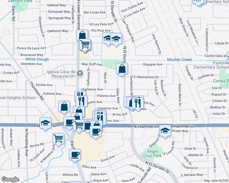 map of restaurants, bars, coffee shops, grocery stores, and more near 8302 Kiltie Way in Stockton