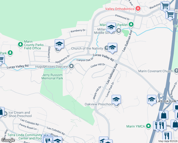 map of restaurants, bars, coffee shops, grocery stores, and more near 430 Cedar Hill Drive in San Rafael