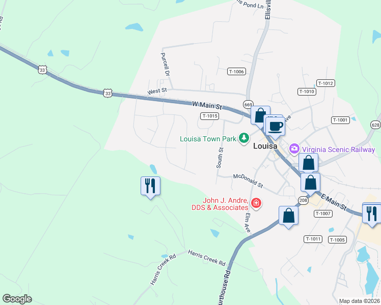 map of restaurants, bars, coffee shops, grocery stores, and more near 331 Cardinal Road in Louisa