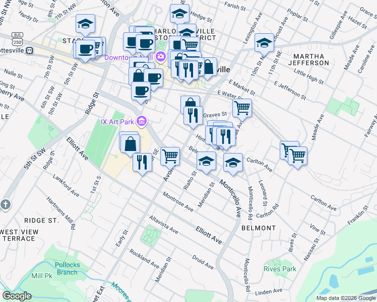 map of restaurants, bars, coffee shops, grocery stores, and more near 700 Belmont Avenue in Charlottesville