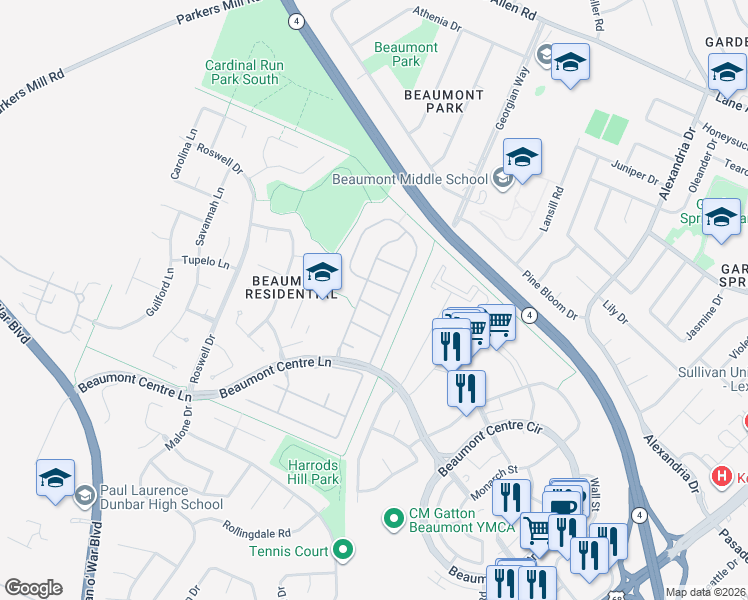 map of restaurants, bars, coffee shops, grocery stores, and more near 1104 Rolfe Lane in Lexington