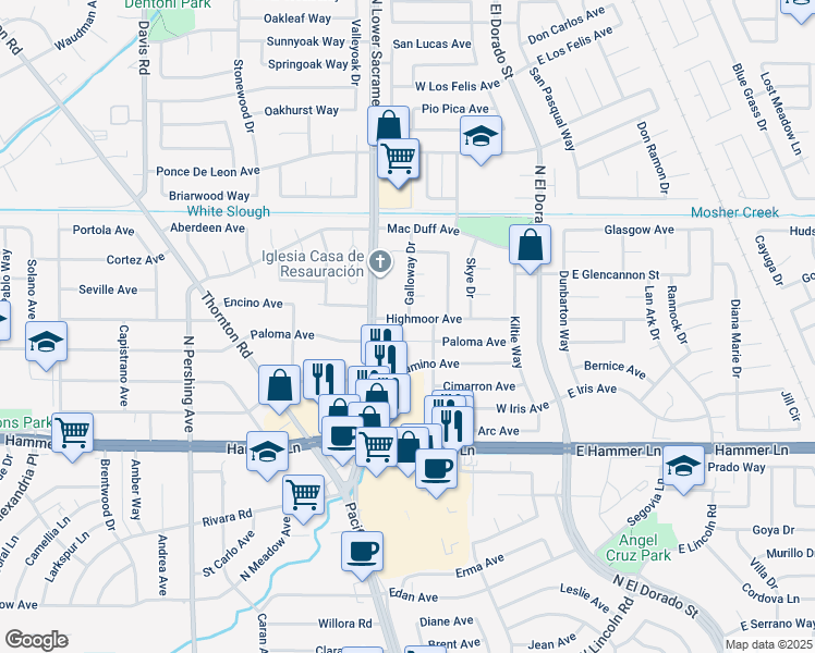 map of restaurants, bars, coffee shops, grocery stores, and more near 732 Highmoor Avenue in Stockton