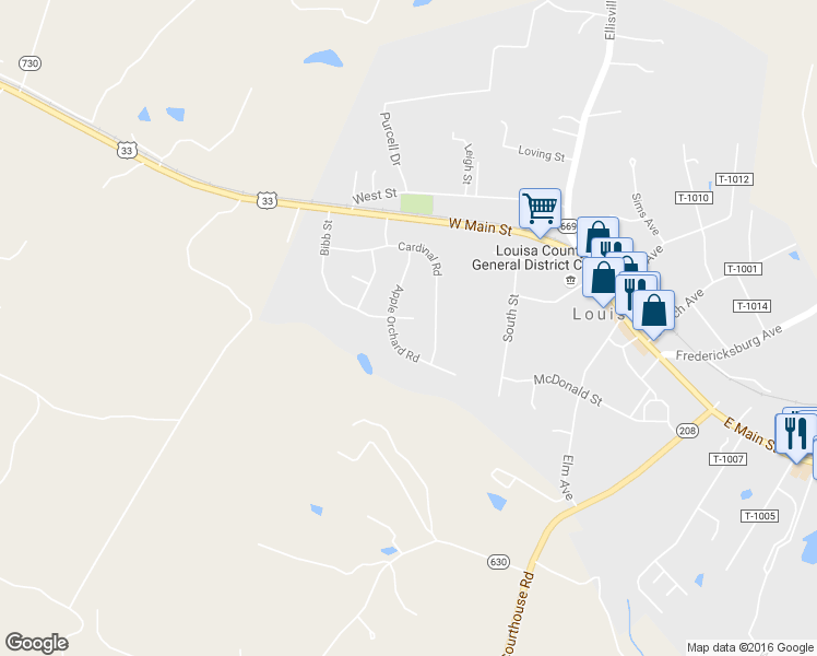 map of restaurants, bars, coffee shops, grocery stores, and more near 300 Bibb Street in Louisa